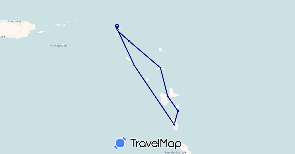 TravelMap itinerary: driving in Antigua and Barbuda, Netherlands Antilles, Dominica, France, Saint Kitts and Nevis (Europe, North America)